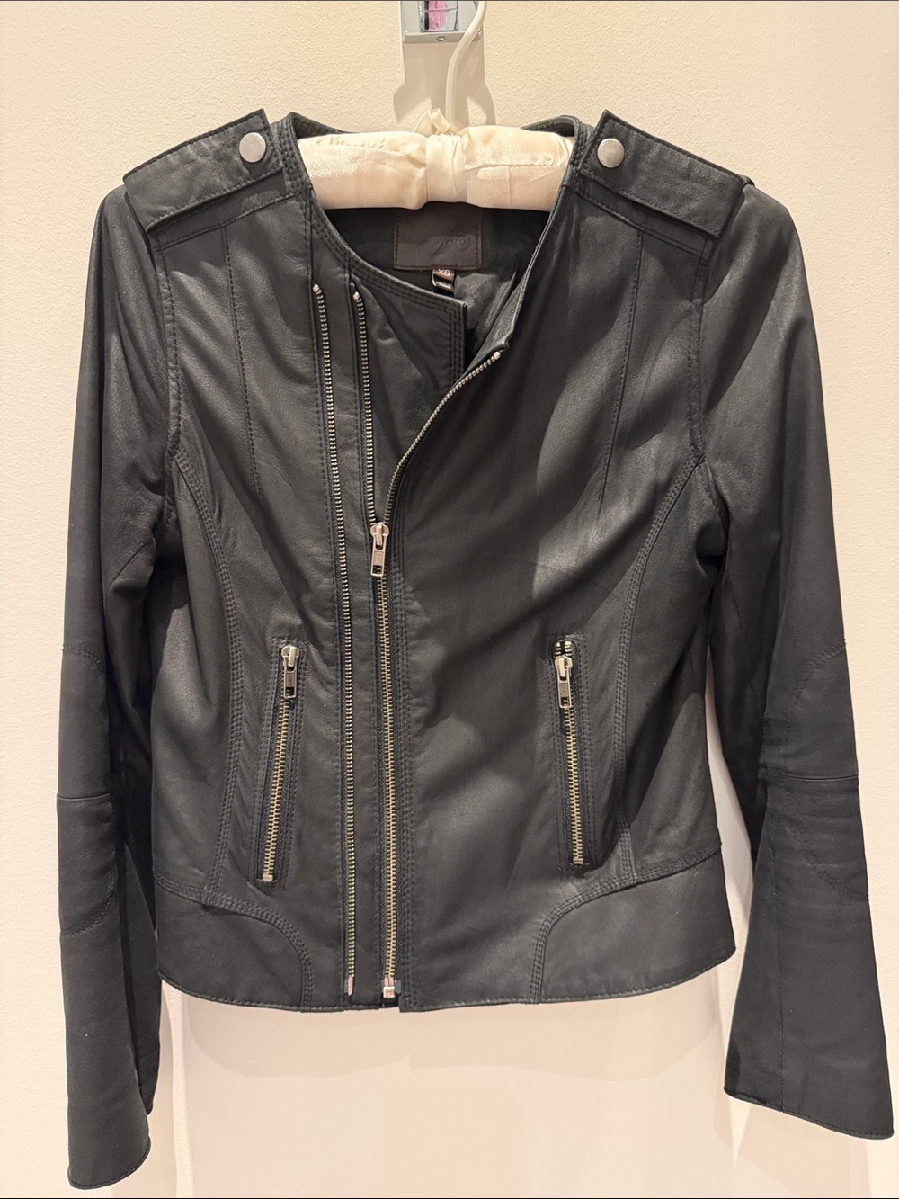 Black distressed Leather Moto Jacket by Joie